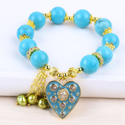 12mm Blue Turquoise Crystal Bracelet Berkilauan Heart Stretch Charm Bracelet