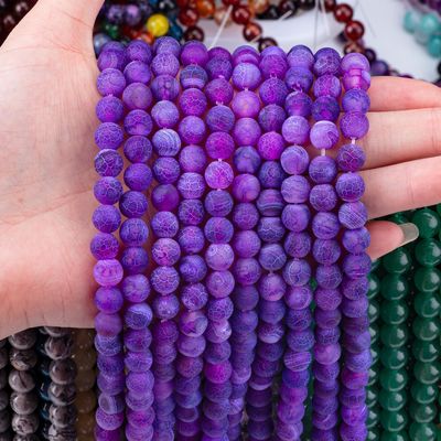 Purple Weathered Agate Loose Bead Strands Semi Precious Stone Matt Frosted Cracked Agate untuk pembuatan perhiasan DIY