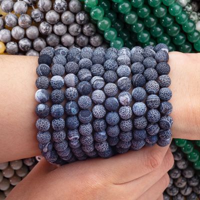 Black Weathered Agate Loose Bead Strands Semi Precious Stone Matt Frosted Cracked Agate untuk pembuatan perhiasan DIY