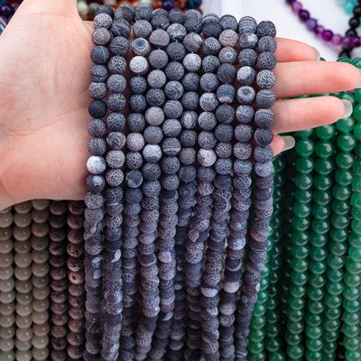 Black Weathered Agate Loose Bead Strands Semi Precious Stone Matt Frosted Cracked Agate untuk pembuatan perhiasan DIY