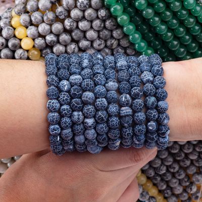 Agate Biru Hitam Cuaca Lolos Strands Manik Semi Batu mulia Matt Frosted retak Agate untuk DIY Perhiasan pembuatan