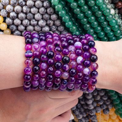 Purple Striped Agate Healing 8mm Round Gemstone Beads Untuk Memberikan Hadiah
