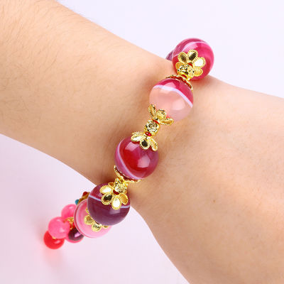 14mm Pink Agate Batu Gelang Dengan Ungu Sembilan Ekor Rubah Ukiran