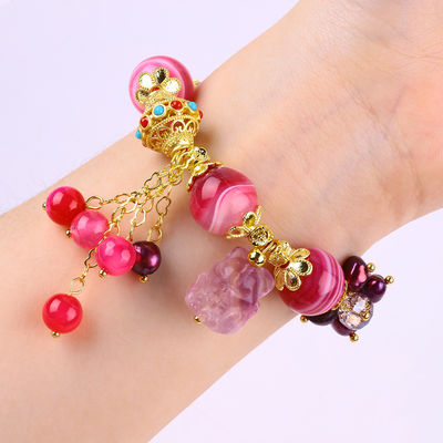 14mm Pink Agate Batu Gelang Dengan Ungu Sembilan Ekor Rubah Ukiran