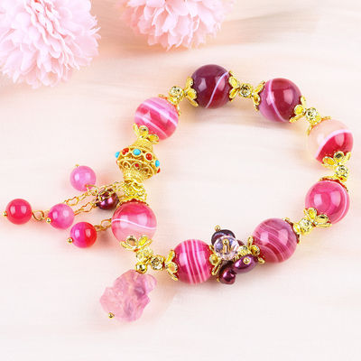 14mm Pink Agate Batu Gelang Dengan Ungu Sembilan Ekor Rubah Ukiran