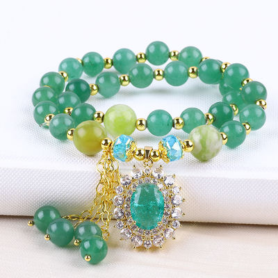 Bentuk Oval Hijau Aventurine Batu Manik Gelang Lapisan Ganda