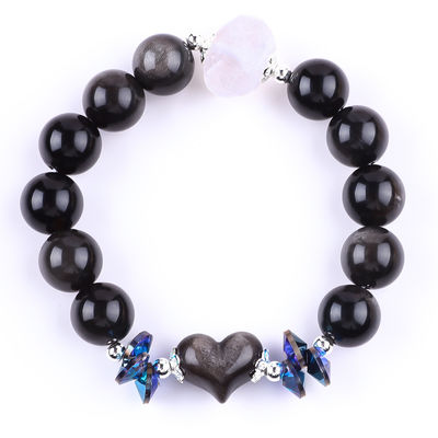 Handmade Batu permata bermata gelang Perak alami Obsidian berkilau Batu gelang Adjustable Heart Charm Gelang Untuk pesta