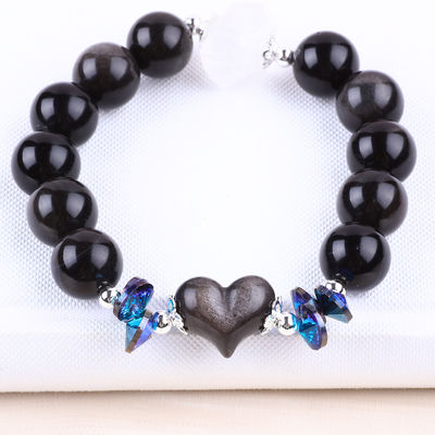 Handmade Batu permata bermata gelang Perak alami Obsidian berkilau Batu gelang Adjustable Heart Charm Gelang Untuk pesta