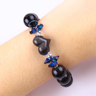 Handmade Batu permata bermata gelang Perak alami Obsidian berkilau Batu gelang Adjustable Heart Charm Gelang Untuk pesta