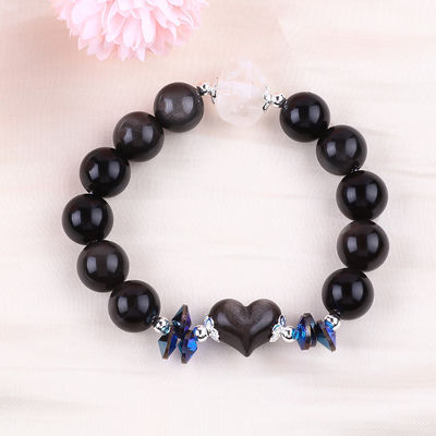 Handmade Batu permata bermata gelang Perak alami Obsidian berkilau Batu gelang Adjustable Heart Charm Gelang Untuk pesta