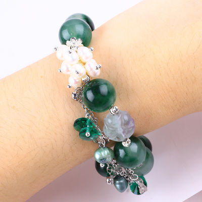 Tangan Batu permata ber manik gelang Hijau Kalsedoni Batu gelang Adjustable Peal Charm Gelang Untuk pesta pemakaian sehari-hari