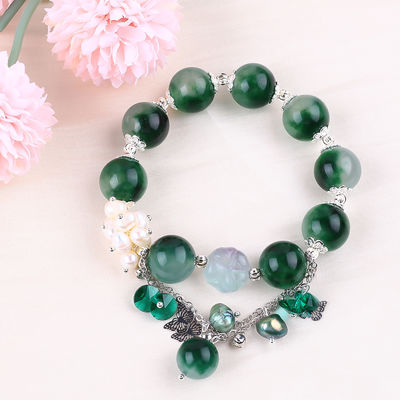 Tangan Batu permata ber manik gelang Hijau Kalsedoni Batu gelang Adjustable Peal Charm Gelang Untuk pesta pemakaian sehari-hari