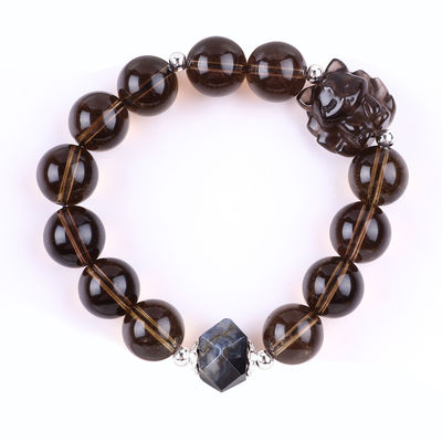 14mm Bead Smoky Quartz Crystal Bead Bracelet dengan Nine Tail Fox Carving