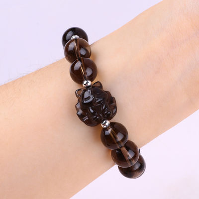 14mm Bead Smoky Quartz Crystal Bead Bracelet dengan Nine Tail Fox Carving