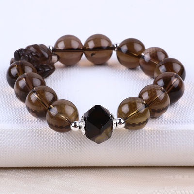 14mm Bead Smoky Quartz Crystal Bead Bracelet dengan Nine Tail Fox Carving