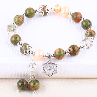 Batu Unakite Dan Mutiara Pink Dengan Pesona Bintang Healing Balance Bead Gelang Untuk Hadiah Perhiasan
