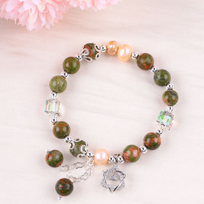 Batu Unakite Dan Mutiara Pink Dengan Pesona Bintang Healing Balance Bead Gelang Untuk Hadiah Perhiasan