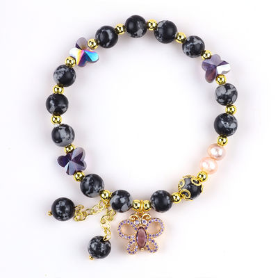 8mm Healing Natural Stone Snowflake Obsidian Dengan Perhiasan Kupu-kupu Ungu