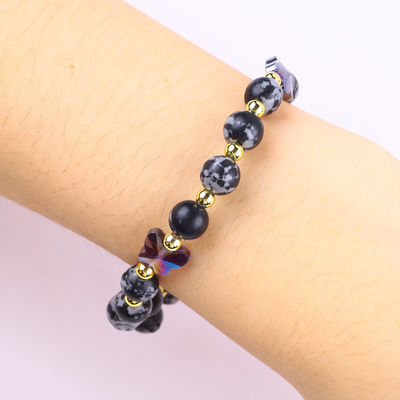 8mm Healing Natural Stone Snowflake Obsidian Dengan Perhiasan Kupu-kupu Ungu