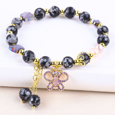 8mm Healing Natural Stone Snowflake Obsidian Dengan Perhiasan Kupu-kupu Ungu