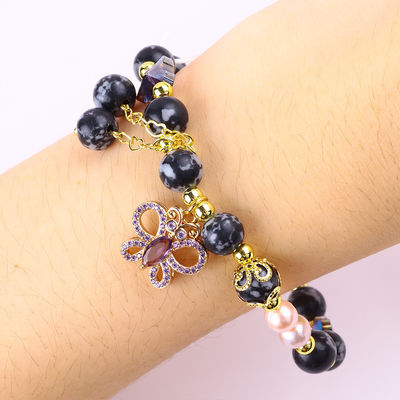 8mm Healing Natural Stone Snowflake Obsidian Dengan Perhiasan Kupu-kupu Ungu