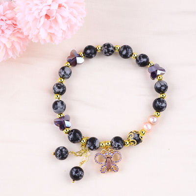 8mm Healing Natural Stone Snowflake Obsidian Dengan Perhiasan Kupu-kupu Ungu