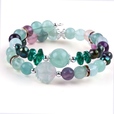 Custom DIY Fluorite Crystal Dengan Fluorite Rose Bunga Ukiran 8MM Round Bead Adjustable Bangle
