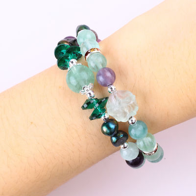 Custom DIY Fluorite Crystal Dengan Fluorite Rose Bunga Ukiran 8MM Round Bead Adjustable Bangle