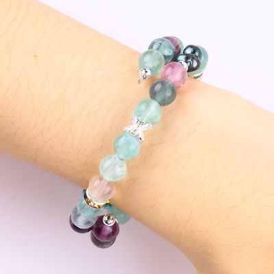 Custom DIY Fluorite Crystal Dengan Fluorite Rose Bunga Ukiran 8MM Round Bead Adjustable Bangle