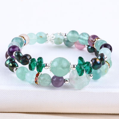 Custom DIY Fluorite Crystal Dengan Fluorite Rose Bunga Ukiran 8MM Round Bead Adjustable Bangle