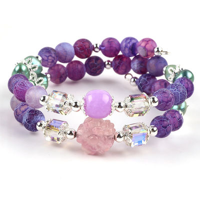 8MM Handmade DIY Weathered Agate Crystal Round Bead Adjustable Double Layer Bangle