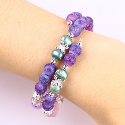 8MM Handmade DIY Weathered Agate Crystal Round Bead Adjustable Double Layer Bangle