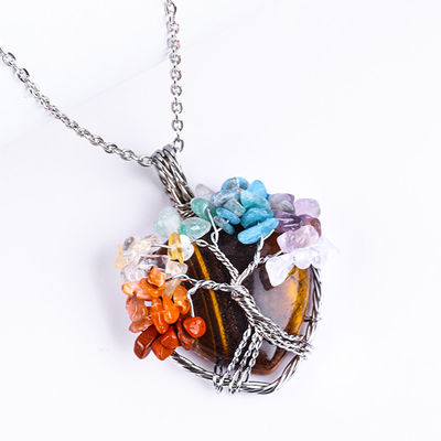 Adjustable Tiger's Eye Gemstone 7 Chakra Pohon Kehidupan Kalung Pendant