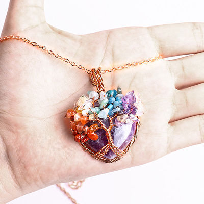 Adjustable Tiger's Eye Gemstone 7 Chakra Pohon Kehidupan Kalung Pendant