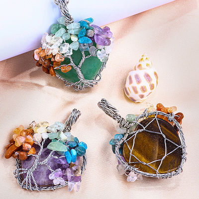 Adjustable Tiger's Eye Gemstone 7 Chakra Pohon Kehidupan Kalung Pendant