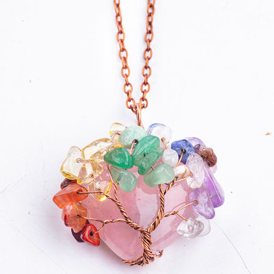 Rose Quartz Heart Shape Crystal Tree Chakra Batu permata Kalung