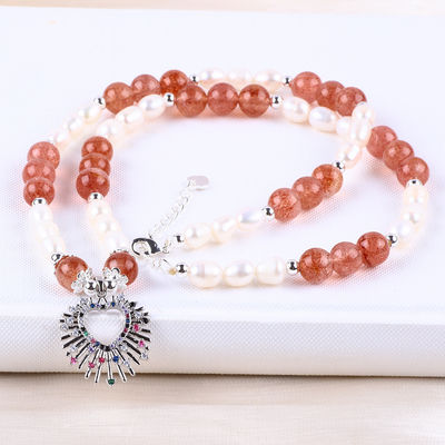 Wanita Strawberry Quartz 5mm White Freshwater Pearl Necklace