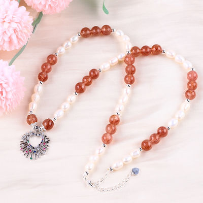 Wanita Strawberry Quartz 5mm White Freshwater Pearl Necklace