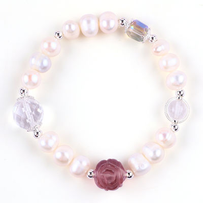 Natural Freshwater Pearl Bracelet Elastis Dengan Ukiran Bunga Mawar Fluorit Ungu
