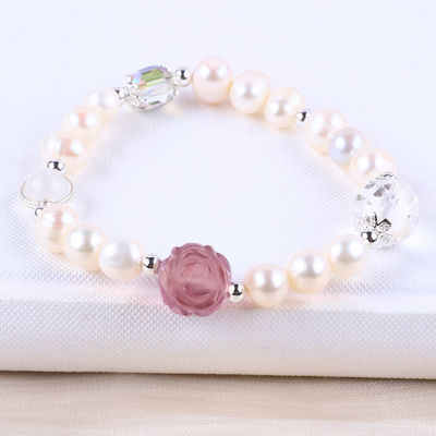 Natural Freshwater Pearl Bracelet Elastis Dengan Ukiran Bunga Mawar Fluorit Ungu
