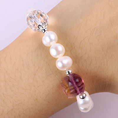 Natural Freshwater Pearl Bracelet Elastis Dengan Ukiran Bunga Mawar Fluorit Ungu