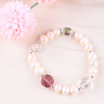Natural Freshwater Pearl Bracelet Elastis Dengan Ukiran Bunga Mawar Fluorit Ungu