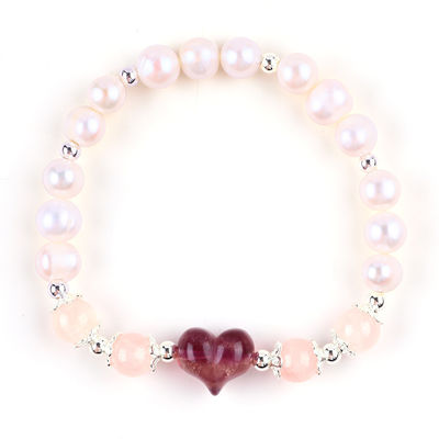 8MM Pink Air Manis Mutiara Stretch Gelang Hati Crystal Ukiran