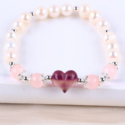 8MM Pink Air Manis Mutiara Stretch Gelang Hati Crystal Ukiran
