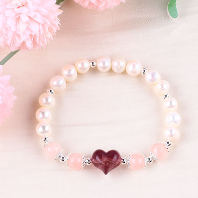 8MM Pink Air Manis Mutiara Stretch Gelang Hati Crystal Ukiran