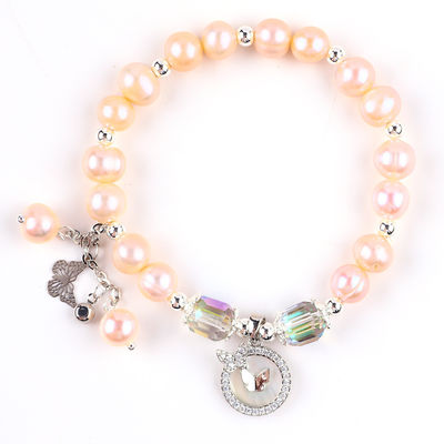 7mm Pink Pearl Stretch Bracelet Dengan Shell Putih Terima kustomisasi