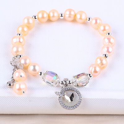 7mm Pink Pearl Stretch Bracelet Dengan Shell Putih Terima kustomisasi