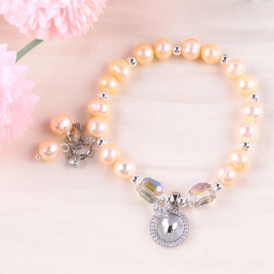 7mm Pink Pearl Stretch Bracelet Dengan Shell Putih Terima kustomisasi