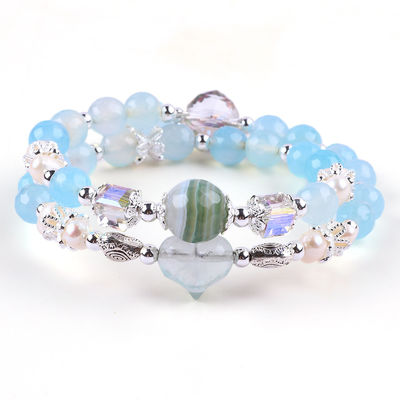 8MM Multifaced Blue Agate Bentuk Bulat Manik Dan Putih Air Tawar Mutiara Adjustable Bangle
