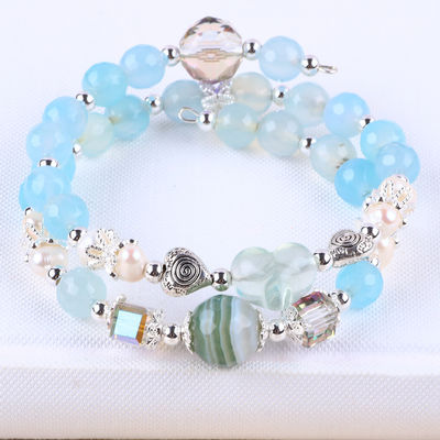 8MM Multifaced Blue Agate Bentuk Bulat Manik Dan Putih Air Tawar Mutiara Adjustable Bangle